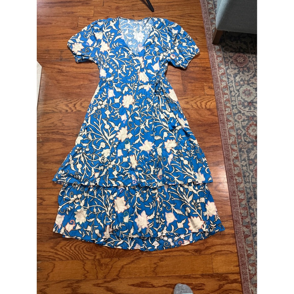 Blue Floral Block Print Wrap Midi Dress Short Puff Sleeve‎ Tiered Ruffle Boho